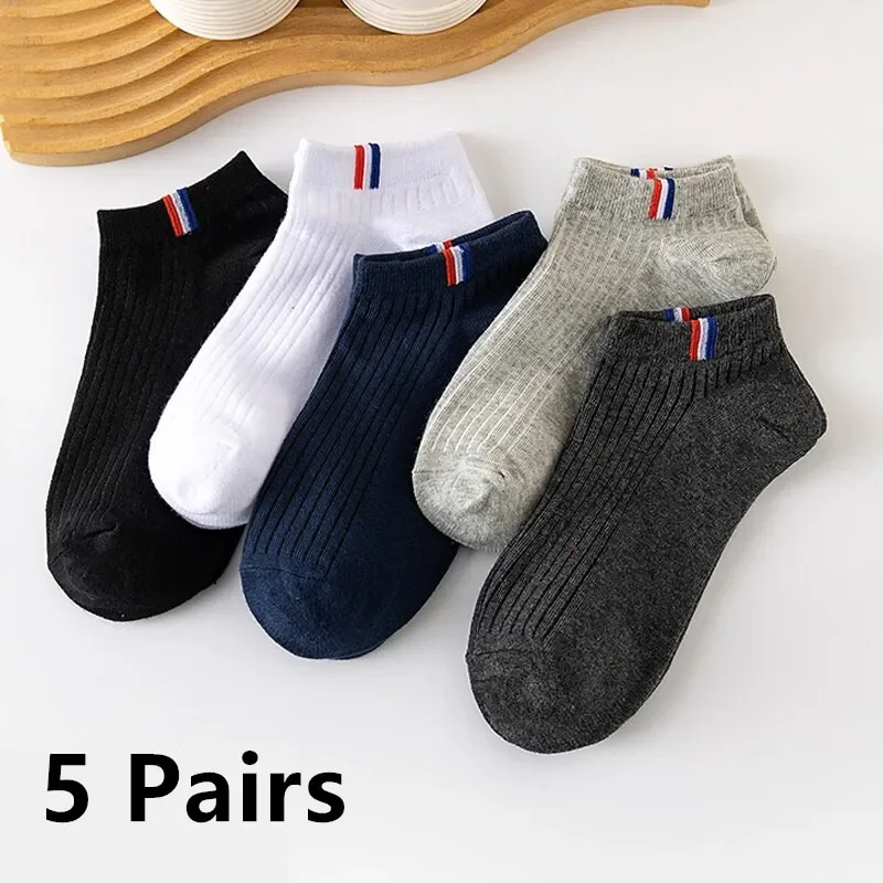 5 Pairs Thin Boat Socks Summer Blending Plain Color Mens Casual Breathable Sweat Absorbing Calibration