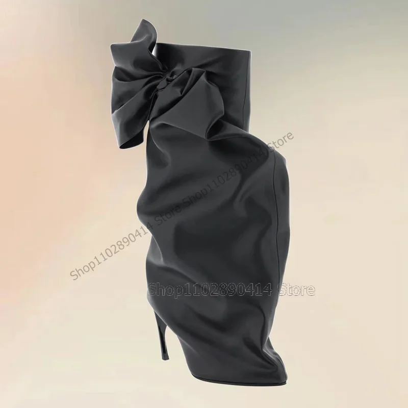 

Black Pleated Design Bow Knot Decor Pointed Toe Boots Slip On Women Shoes Strange Style Heels Fashion 2025 Zapatos Para Mujere