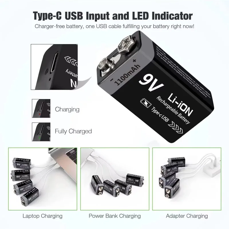 For Multimeter Smoke Alarm Guitar Microphone RC Helicopter Toy 6F22 9V 1100mAh USB‑C Rechargeable Li‑ion Battery