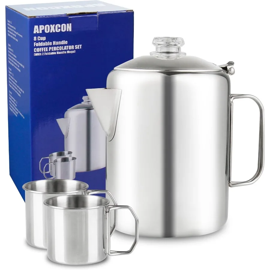 حزمة دورق القهوة مع 2 أكواب ماكينة صنع القهوة من الفولاذ المقاوم للصدأ مع مقبض زجاجي قوي مقاوم للحرارة ومقبض قابل للطي مثالي