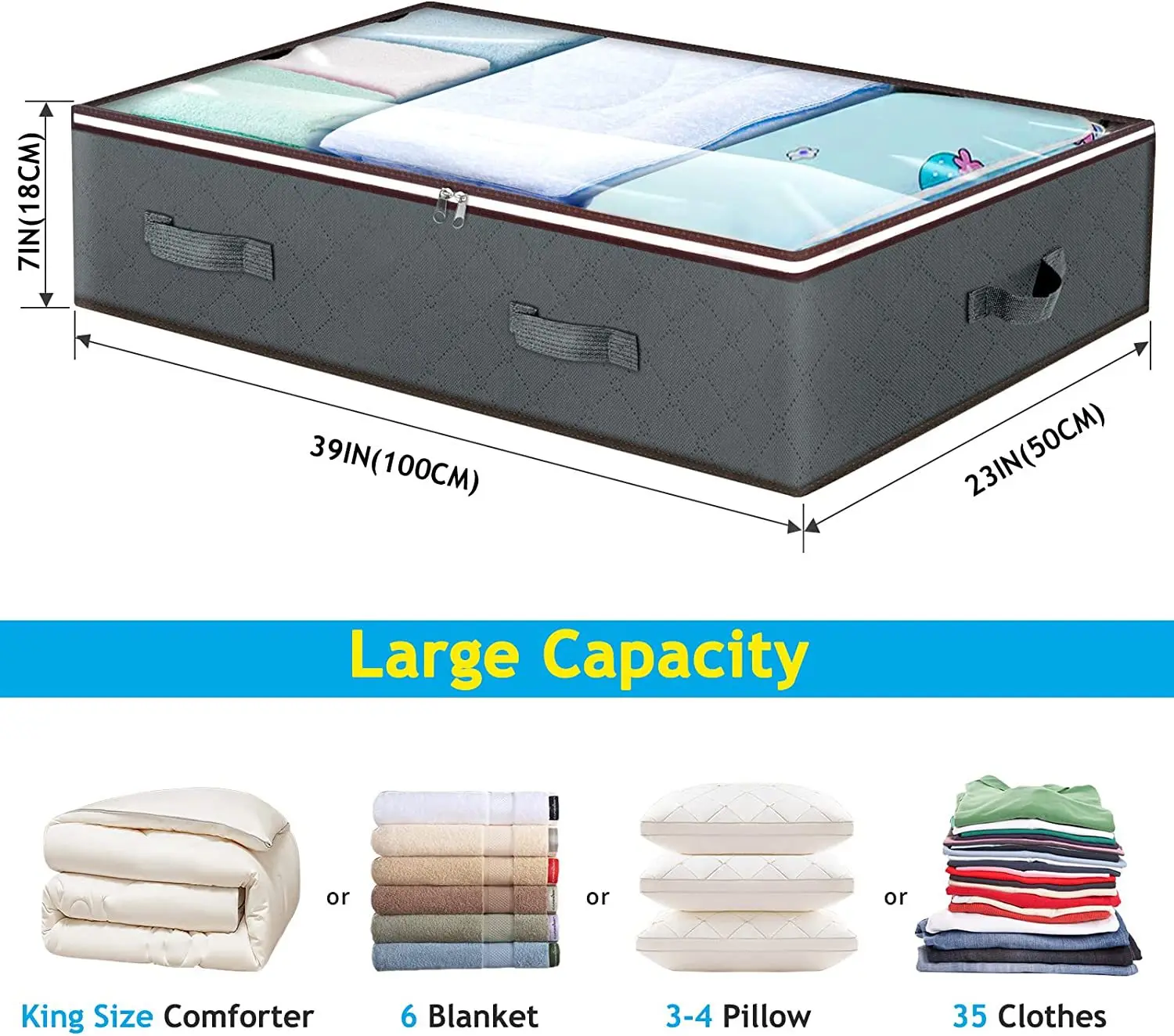 Underbed Storage Bag, 90L Large Under Bed Clothes Storage Organizer Box with PVC Window for Clothes, Quilts, Blankets, Bedding