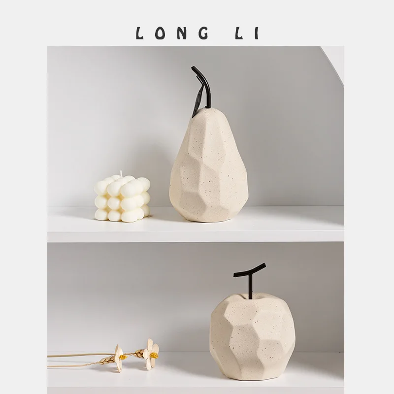 Wabi‑Sabi Ceramic Apple Pear Ornament Minimalist Fruit Sculpture Decor For Living‑room Cabinet Desktop Home Display Decoration