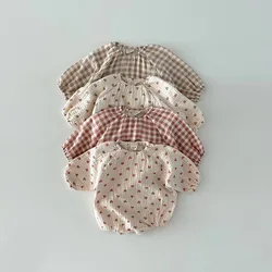 2024 Spring New Baby Girl Long Sleeve Cute Bodysuit Newborn Infant Heart Plaid Print Princess Jumpsuit Toddler Cotton Clothes