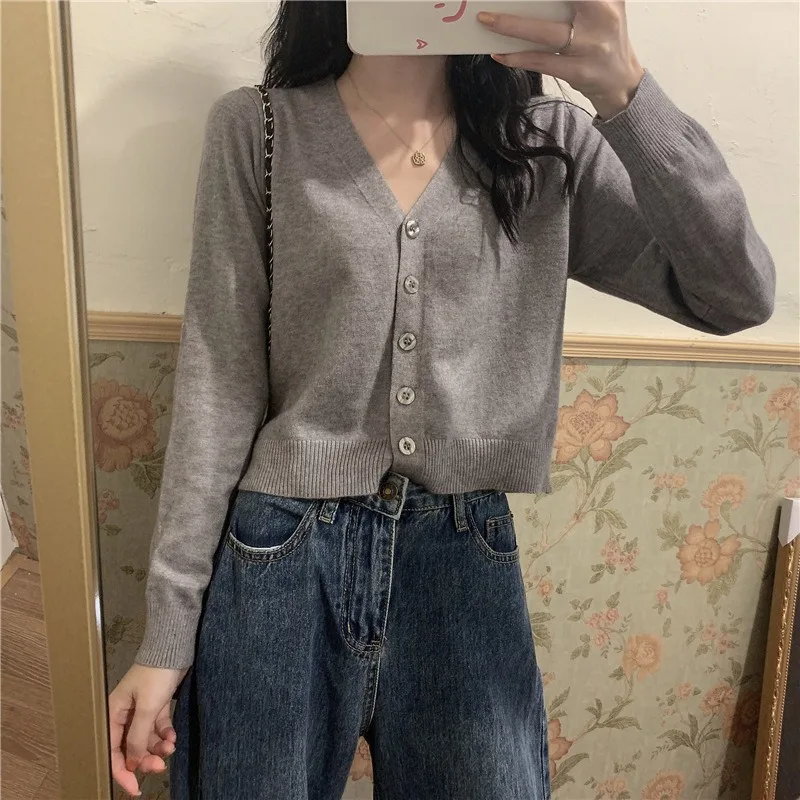 2025 Women Long Sleeve Sweater Cardigan Sexy V-Neck Button Down Cropped for Jacket Sweet Solid Candy Color Loose Knitted Coat