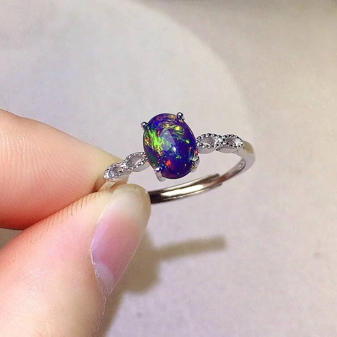 Fashion Sterling Silver Black Opal Ring for Office Woman 6mm*8mm Mysterious Black Opal Silver Ring Brithday Gift for Wife