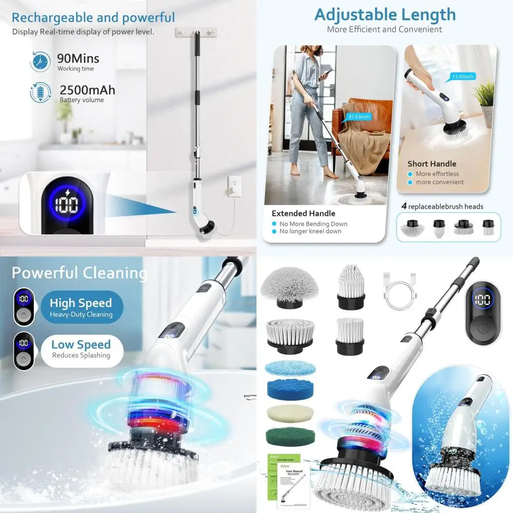 

Cordless Waterproof Bathroom Scrubber with LCD Display, 8 Heads, Extendable Handle for Shower and Bathtub Cleaning