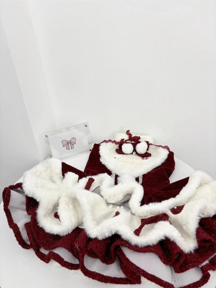 

Christmas Sweet Kawaii Lolita Dress Sets Women Design Cute Bunny Ear Hooded Cloak + Bow Dress Japanese Y2k Lovely Outfits Winter