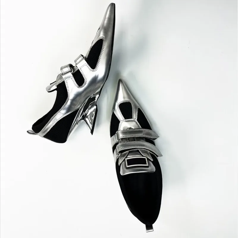 Silver Patent Leather Pointed-Toe Pumps Women Unique Strange Style Sneakers Comfort Breathable Mesh Inside Liner Designer Shoes