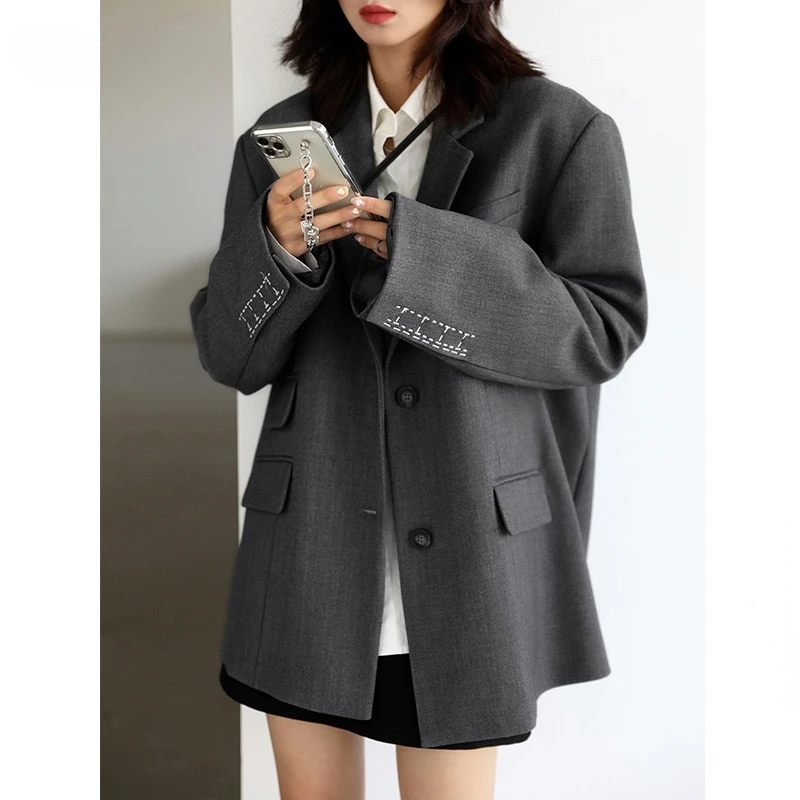 

CHICVEN Women Office Lady Blazer Cuff Embroidery Wide Shoulder Twill Suit Women's Autumn Ladies Outerwear Stylish Tops