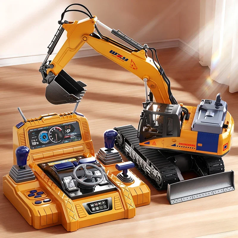 Realistic RC Excavator Toy with Simulation Steering Wheel Controller, Construction Digger Vehicle for Kids
