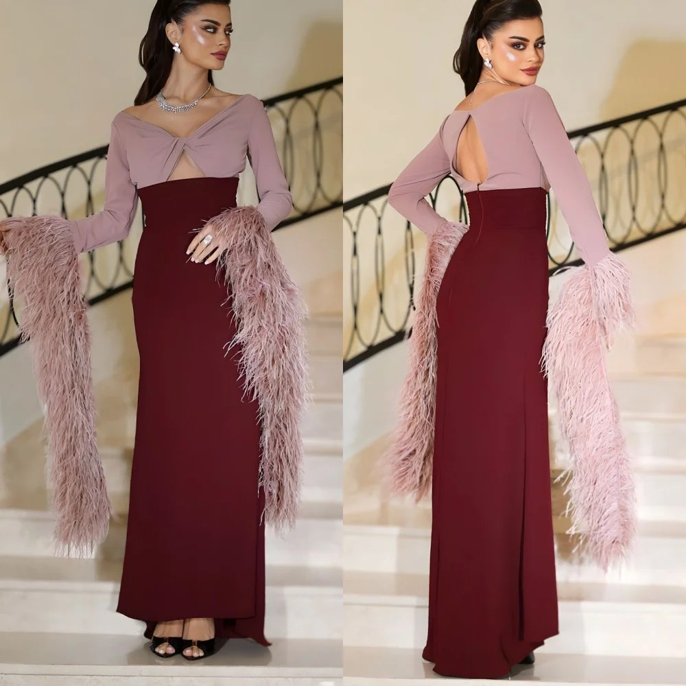 

Customized Chinese Style Jersey Pleat Feather Straight V-neck Long Dresses Bespoke Occasion Dresses Intricate