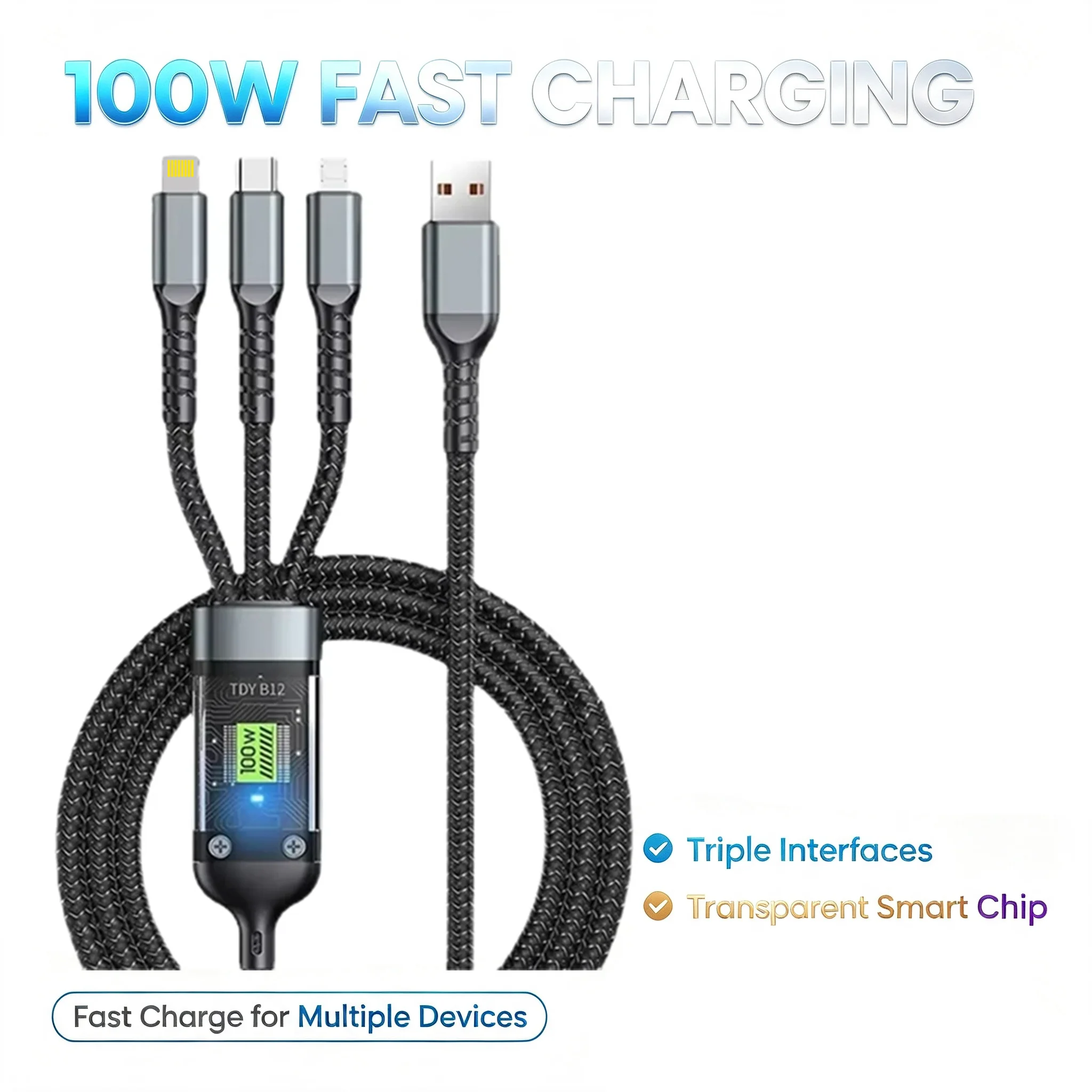 100W 3 In 1 Transparent Pilot Lamp Super Fast Charging Cable 6A Universal with Type C Usb For Samsung For Xiaomi For Iphone
