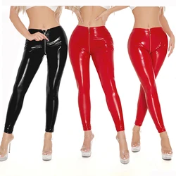 Women Faux Leather Leggings Pants Fetish Zipper Open Crotch Latex PVC Pants Bondage Wetlook Nightclub Costume Exotic Hotpants