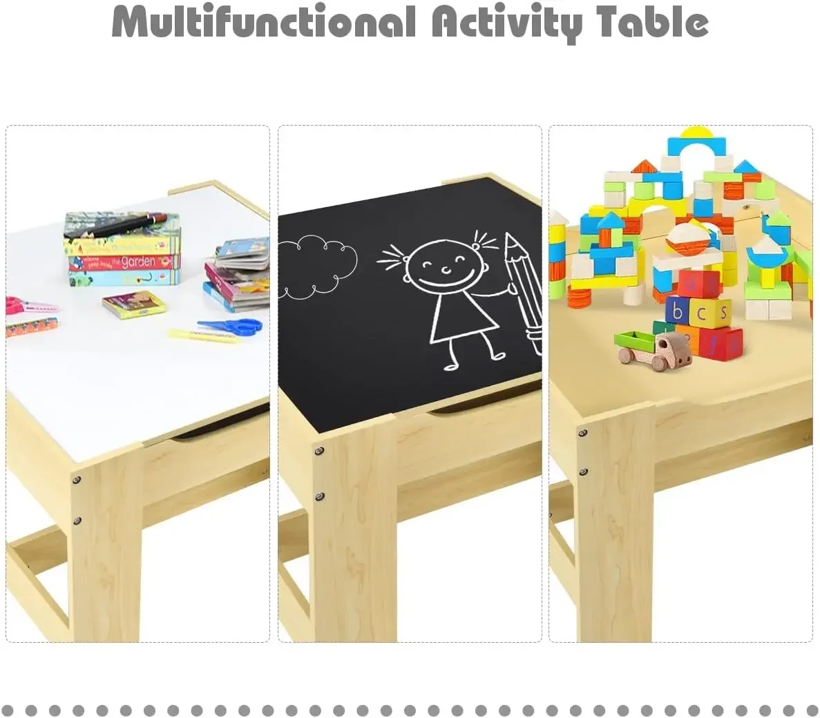Kids Table and Chair Set, 3 in 1 Wooden Activity Table with Storage Drawer, Detachable Tabletop for Children Drawing