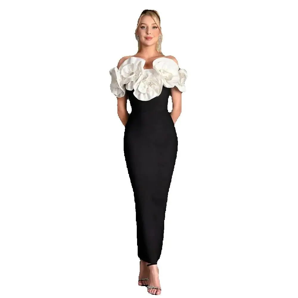 Elegante schwarze und weiße Blumen, kontrastierende Damen-Abschlussballkleider, trägerlos, schulterfreie Ärmel, knöchellange Abendparty-Kleider