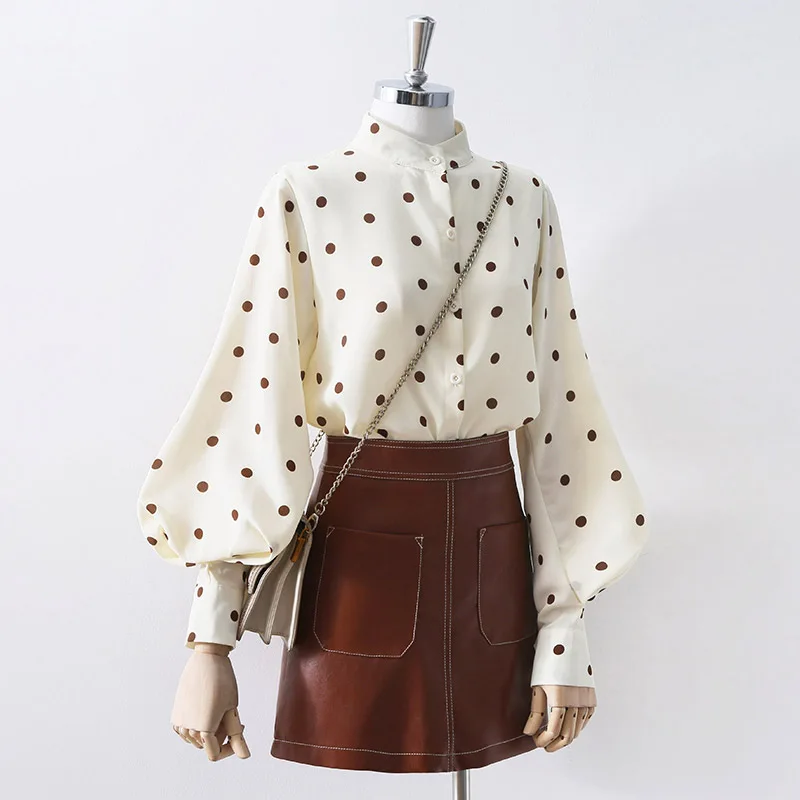 

Polkad Dot Lantern Sleeved Women Blouse And Shirts Office Lady Shirts Fashion Outwear Coat Tops