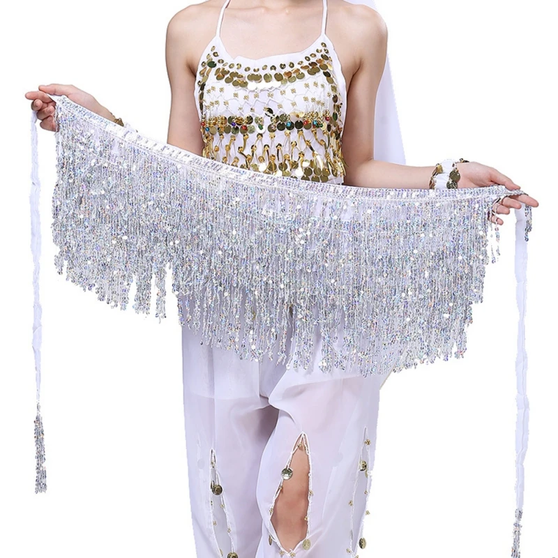 Belly Dance Sequined Waist Chain Women Belly Dance Hip Scarf Female Halloween Performance Tassel Waist Chain Skirt Costumes