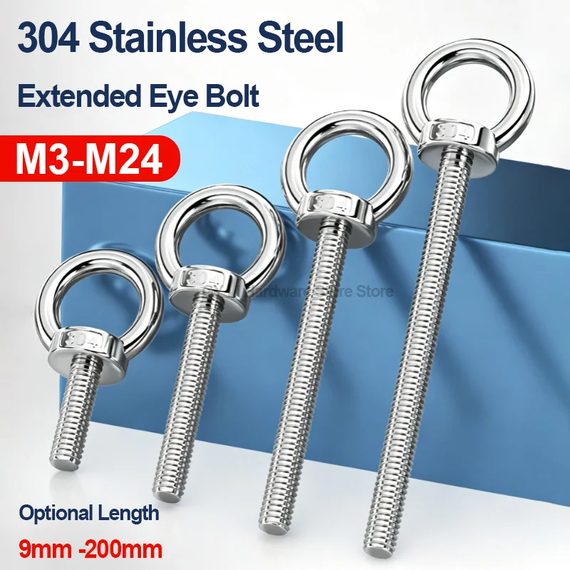 Eye Bolt 304 Stainless Steel O Type Lifting Ring Screw Long Extended Bolt With Nut M3 M4 M5 M6 M8 M10 M12 M16 M20 M24 9mm-200mm