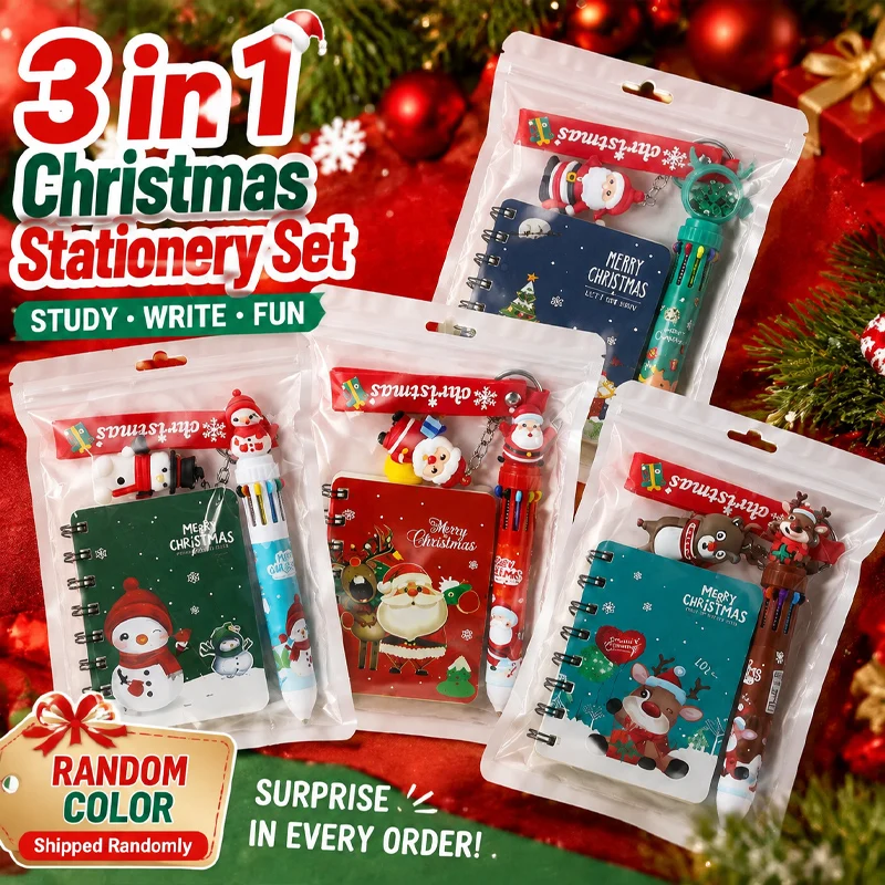Christmas Stationery Kit 3-in-1 Notebook Pen Keychain Cute Santa Snowflake Pattern Ideal Festive Gift for Kids School Supplies