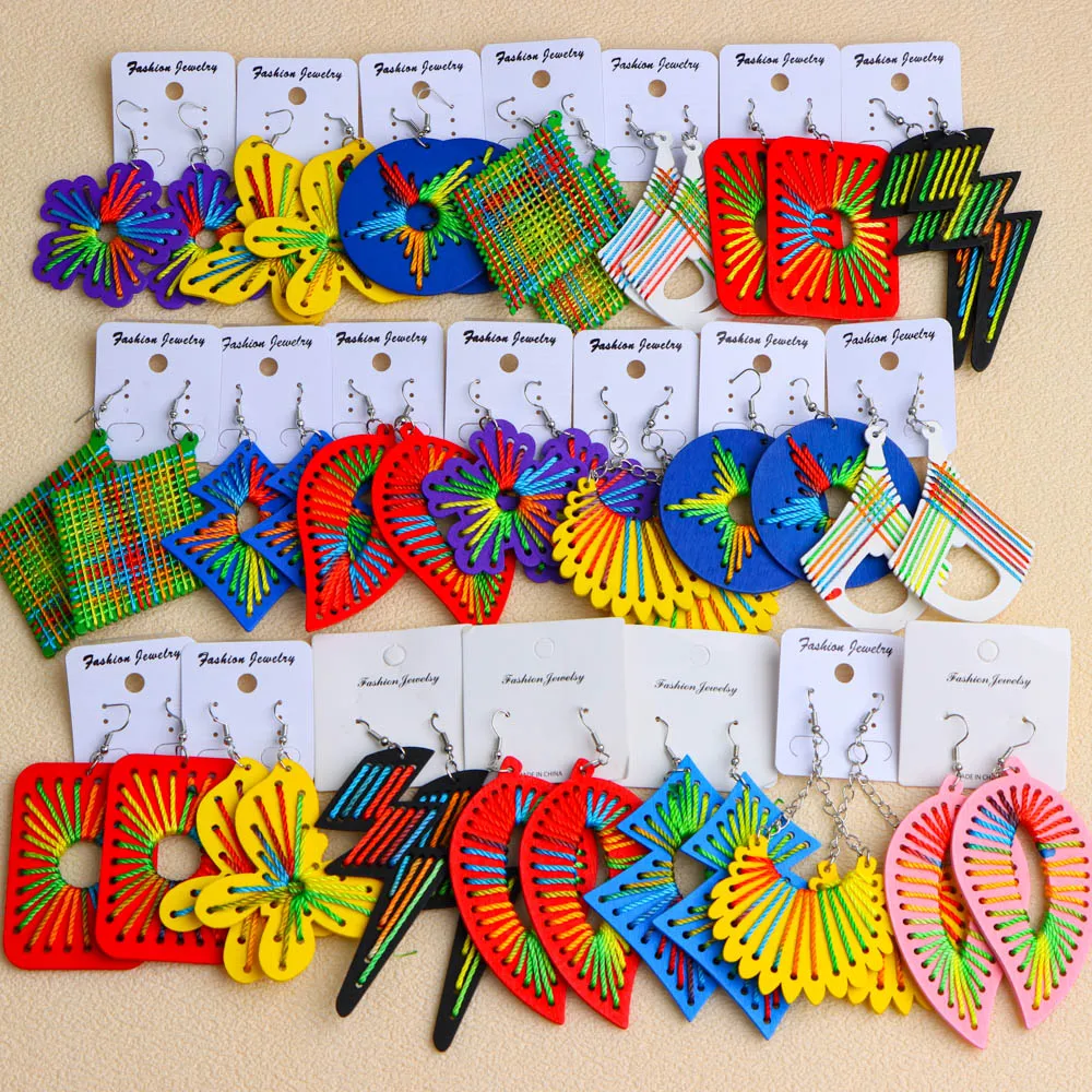 10 زوج/وحدة موضة أنيقة العرقية هندسية متعدد الألوان أقراط خشبية للنساء عطلة يومية مجوهرات اكسسوارات هدايا الحفلات