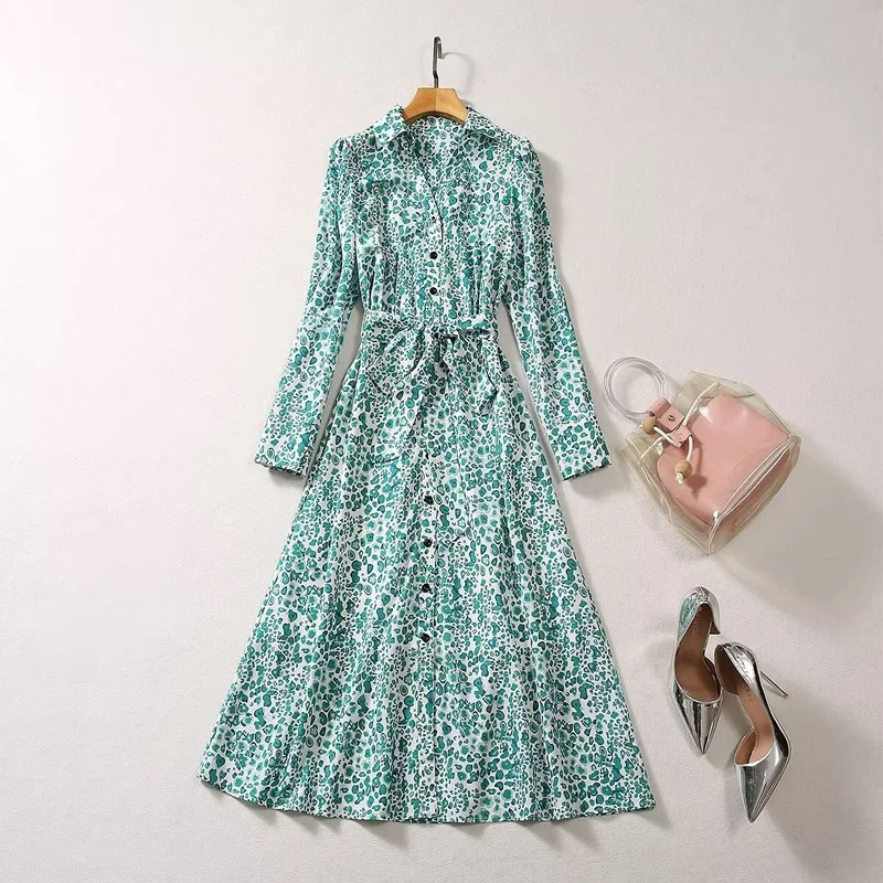 Kate princess green leopard print women dress fashion long sleeve A-Line dresses