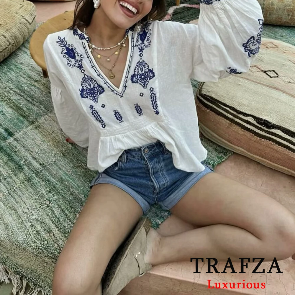 TRAFZA Vintage Embroidery Loose Cotton Shirts Women V Neck Long Sleeve Blouses Fashion 2024 Summer Elegant Boho Female Tops