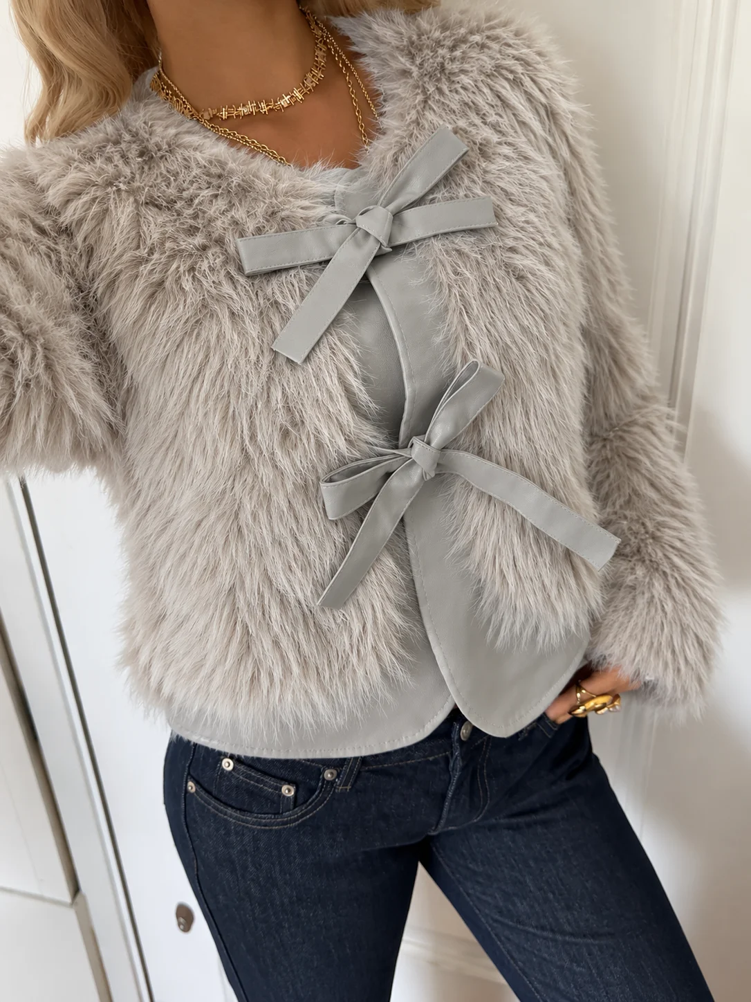2026 Faux Fur Leather Jacket Women Bow Tie Front Shaggy Fuzzy Coat Casual Warm Long Sleeve Fluffy Plush Cropped Coats Winter