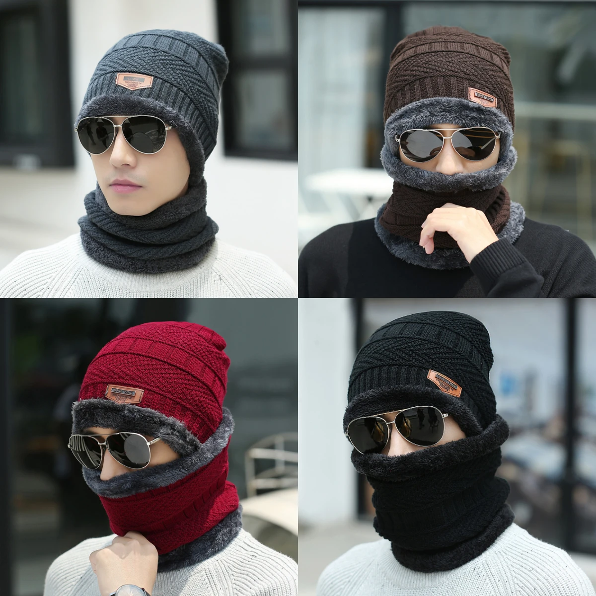 

Knitted Winter Solid Warm Scarf Hat Unisex Padded Warm Cap Thickened Woolen Set of Hats Ear Protection Cold Cap Beanies Skullies