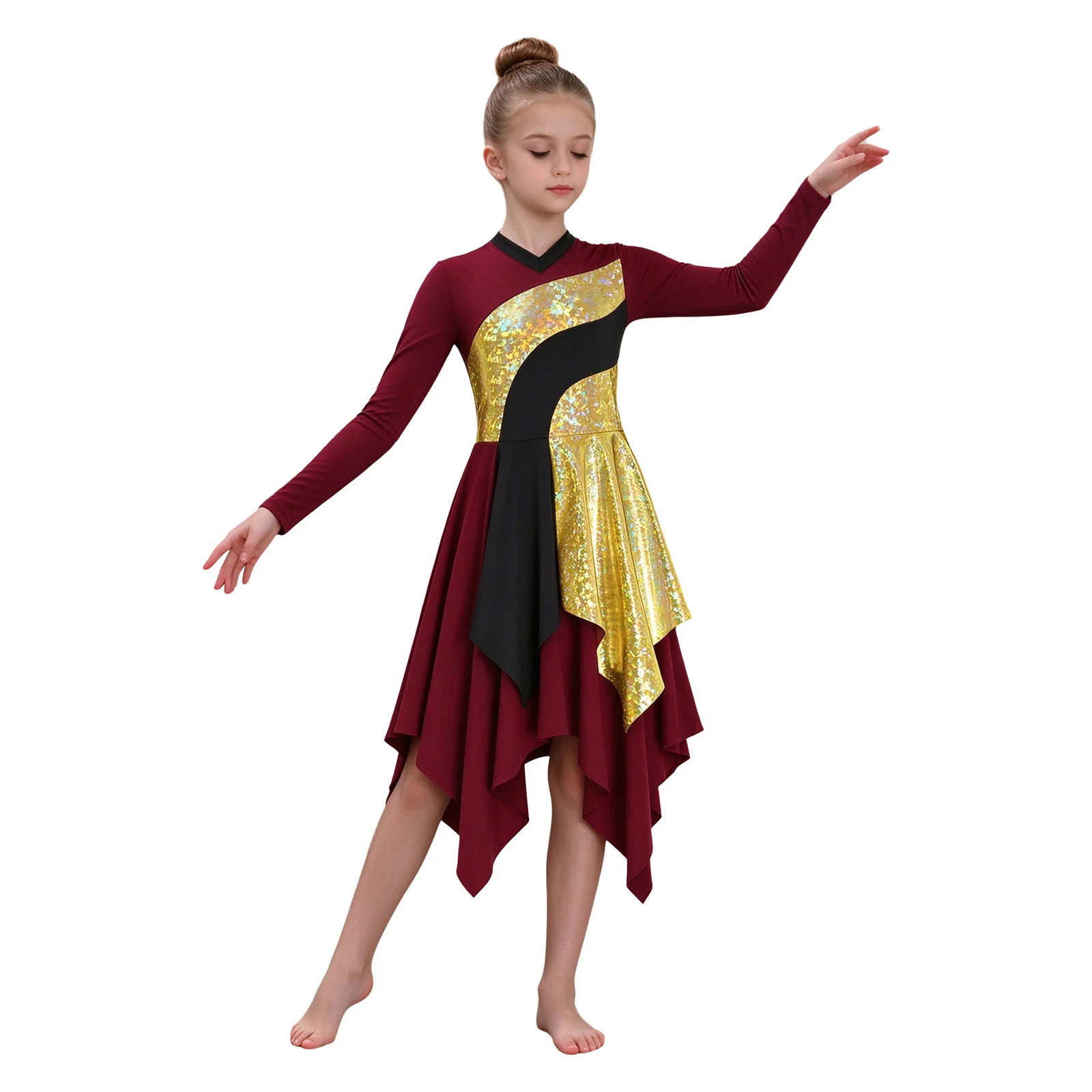 Kids Girls Praise Liturgical Worship Dance Dress Long Sleeve Metallic Color-blocked Irregular Hem Robe Choir Lyrical Dancewear