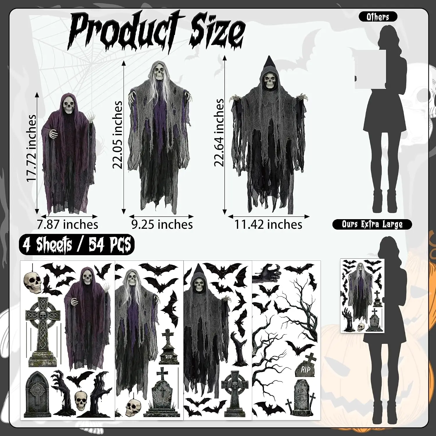 54 PCS Large Grim Reaper Halloween Window Clings for Home Decoration, Customized