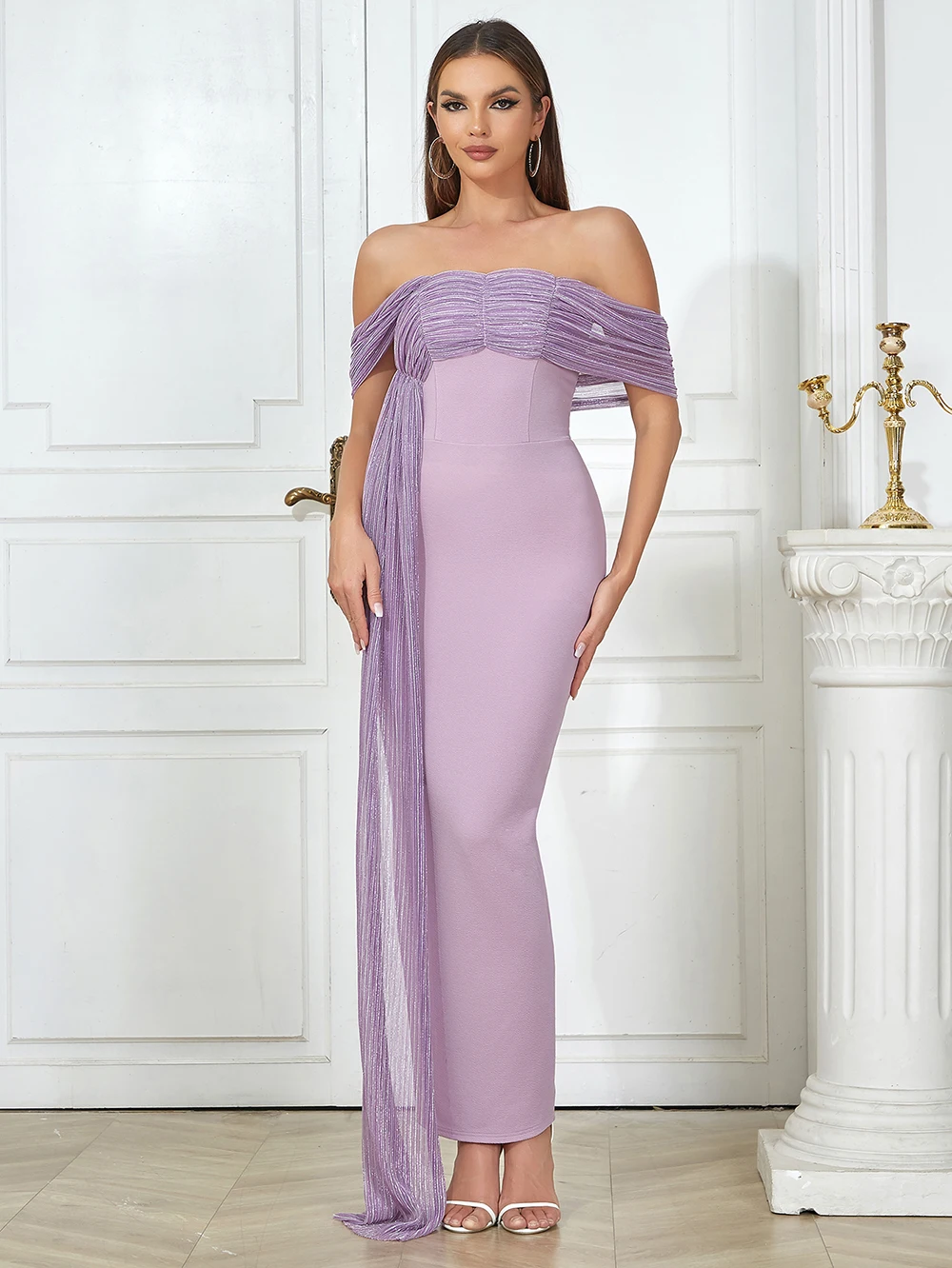 

Violet Slash Neck Strapless Draped Slim Elegant Dress For Women 2023 Sexy Sleeveless Celebrity Evening Party Dresses Vestidos