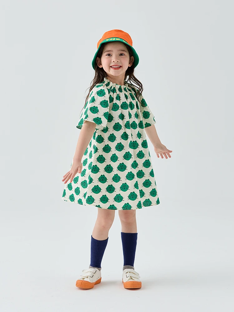 

100% Cotton Summer Kids Girls Dress Green Cartoon Cat Printed Korea Cute Style Short Sleeve Children Clothes 100cm 140cm