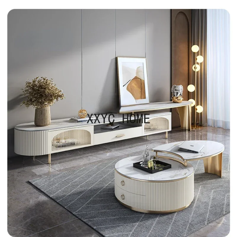 

Paint Glossy Surface Stone Plate Creative round Tea Table TV Cabinet Unit Tea Table TV Cabinet