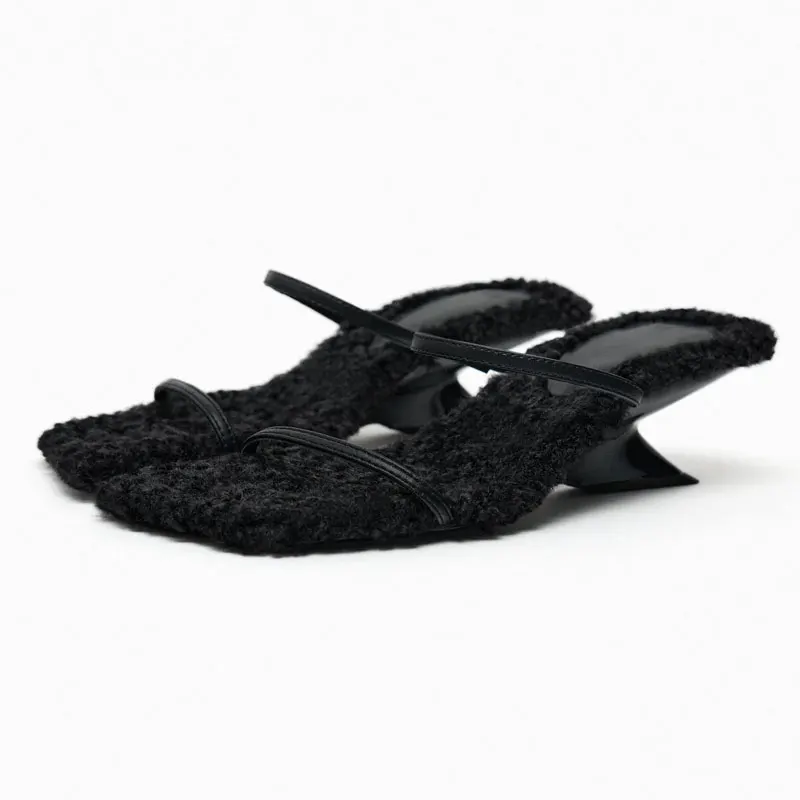 2023 Autumn Wedges Modern Slippers Lamb Wool Elegant Sandals Sliding Slippers Square Head High Heel Outer Wear Slipper Women