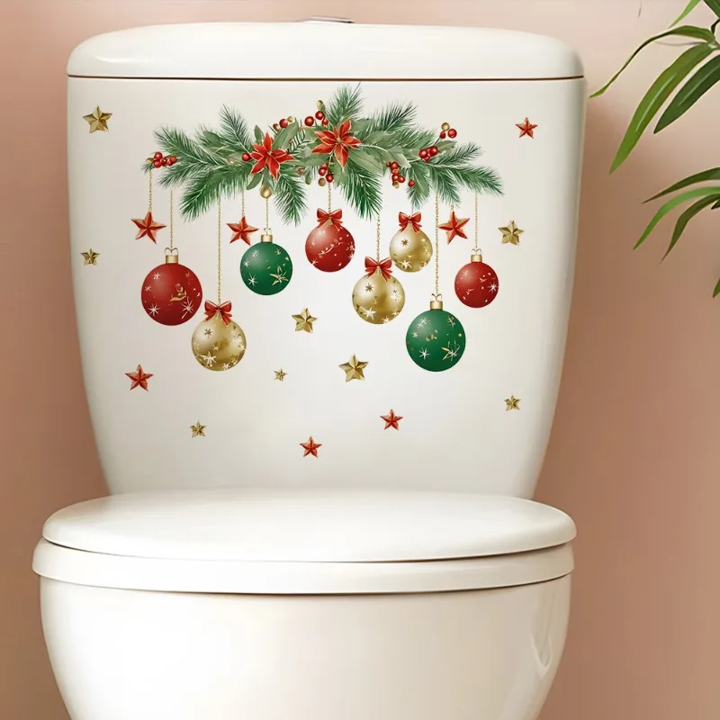 Christmas Leaf Hanging Ball Toilet Sticker Wall Stickers Merry Christmas Toilet Lid Water Tank Decorative Sticker Happy New Year
