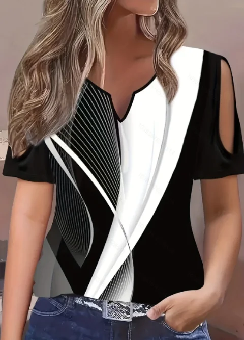 

Женская футболка с открытыми плечами, черно-белая Повседневная футболка большого размера с V-образным вырезом и принтом, новинка 2024