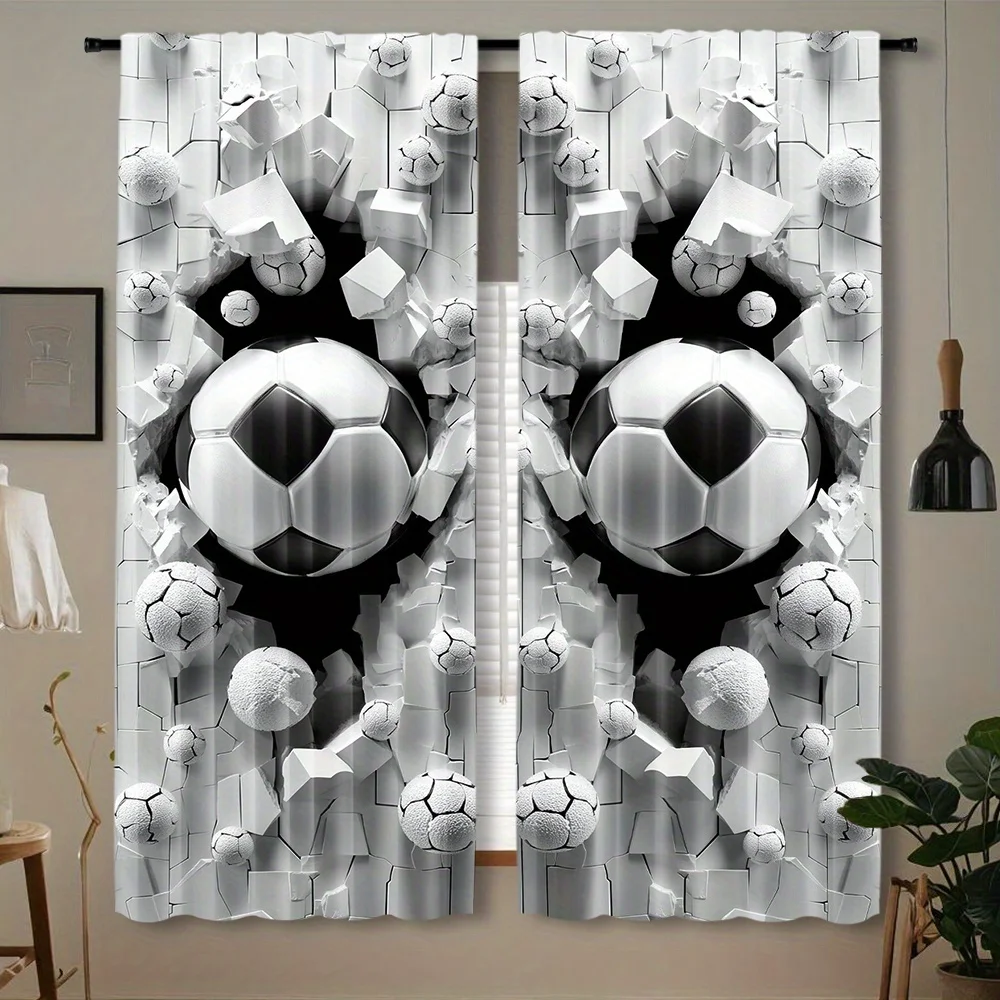 Stereo Crack Brick Football Window Curtains 2 Panels, 3D Broken Wall Soccer Black White Minimalist Sport Print Teen Room Curtain