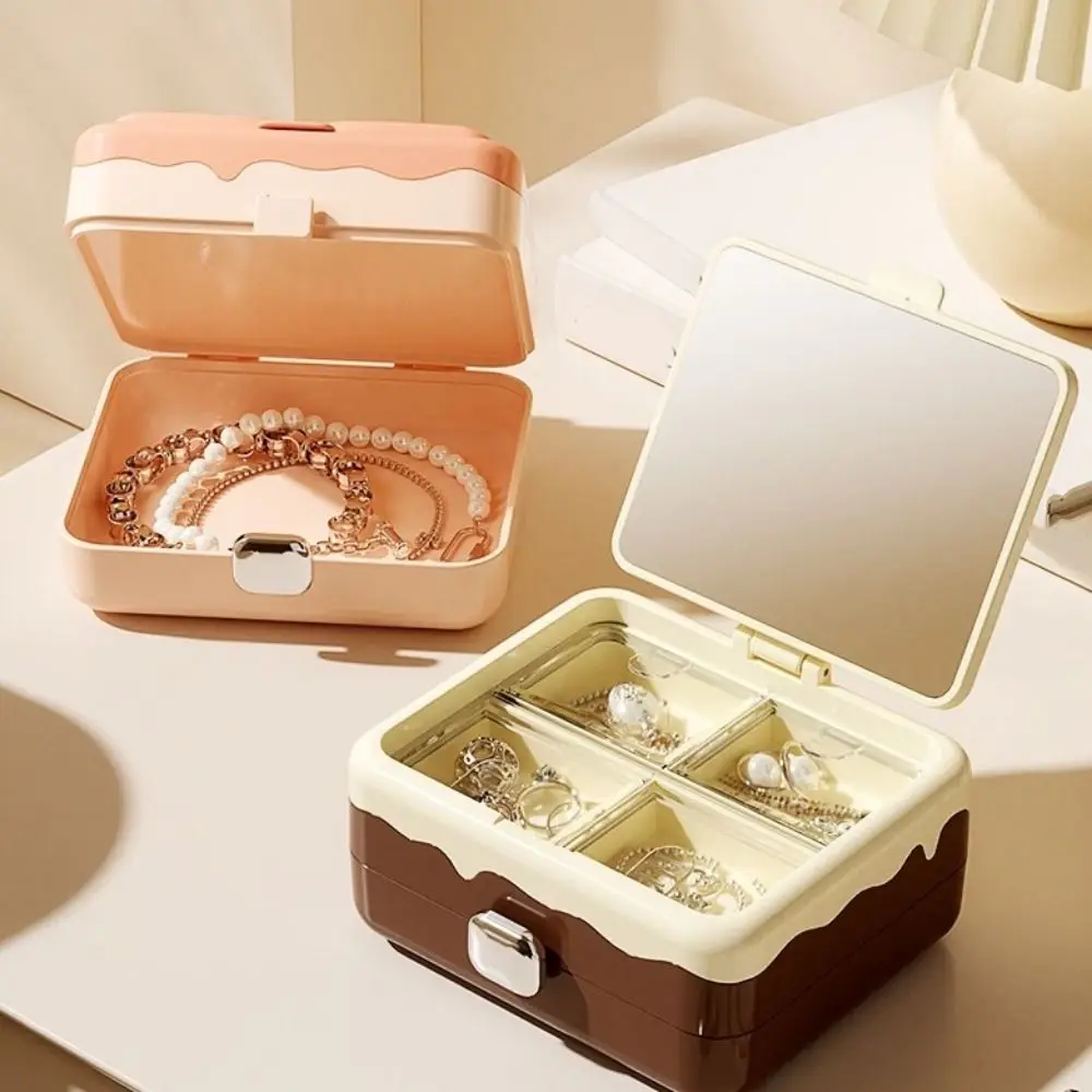 

2Pcs Plastic Double-layer Storage Box Mini Exquisite Jewelry Case with Mirror Cream Series Earrings Necklaces Box