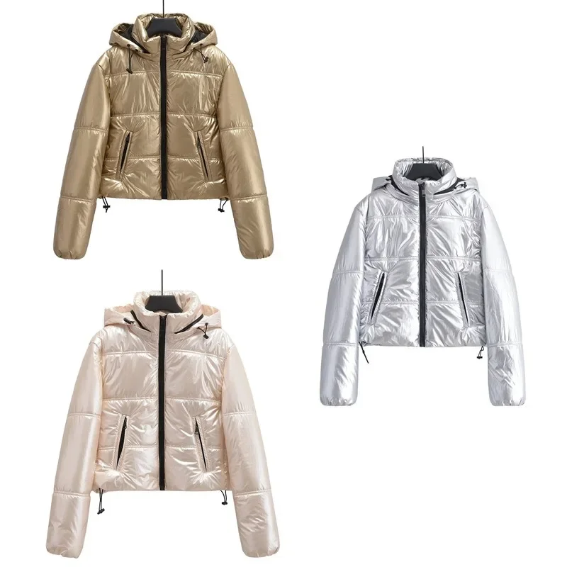 Women's Winter Metallic Color Hooded Drawstring Waterproof Cotton Jackets Zippers Pockets Solid Warm Thick Coats Women Clothing