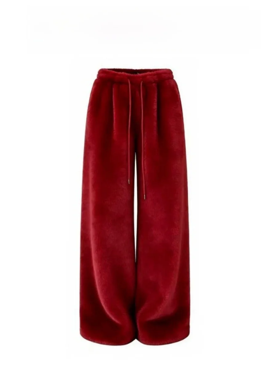 

New Year Aosphere Wine Red Velvet Pants Women's Loose High Waist Wide Leg Pants Drapey Straight Leg Trousers Casual Wear