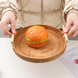 Hand-Woven Round Rattan Tray Fruit Snacks Storage Basket Organizer with Handle Autumn Woven Storage Tray Snack Fruit Tray