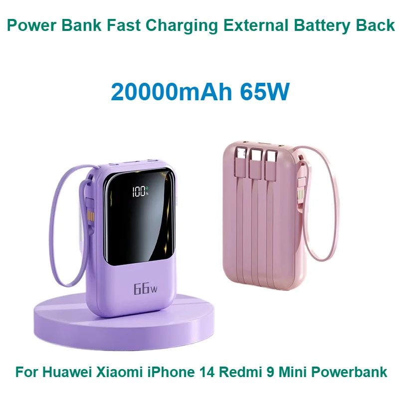 

For Huawei Xiaomi iPhone 14 Redmi 9 Mini Powerbank Built in Cables Power Bank 20000mAh 65W Fast Charging External Battery Back