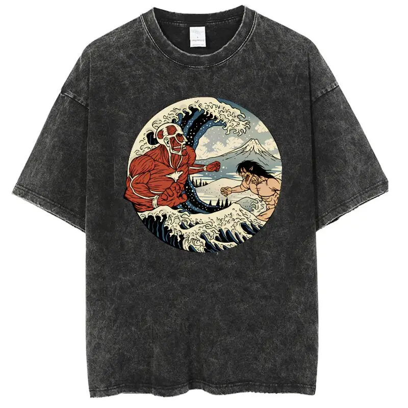 Camiseta Negra Oversize con Lavado Ácido, Diseño Gráfico de Ataque a los Titanes: Colosal Titan vs. Eren, Gran Ola de Kanagawa Ukiyo-e, Verano 2026