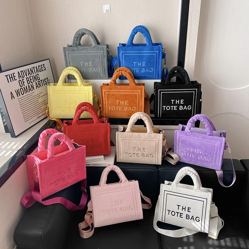 Women\'s Velour Pink Tote Bag Original Letter Print Medium Ladys Leisure Shopper Handbag Female Square Stylish Soft Shoulder Bags