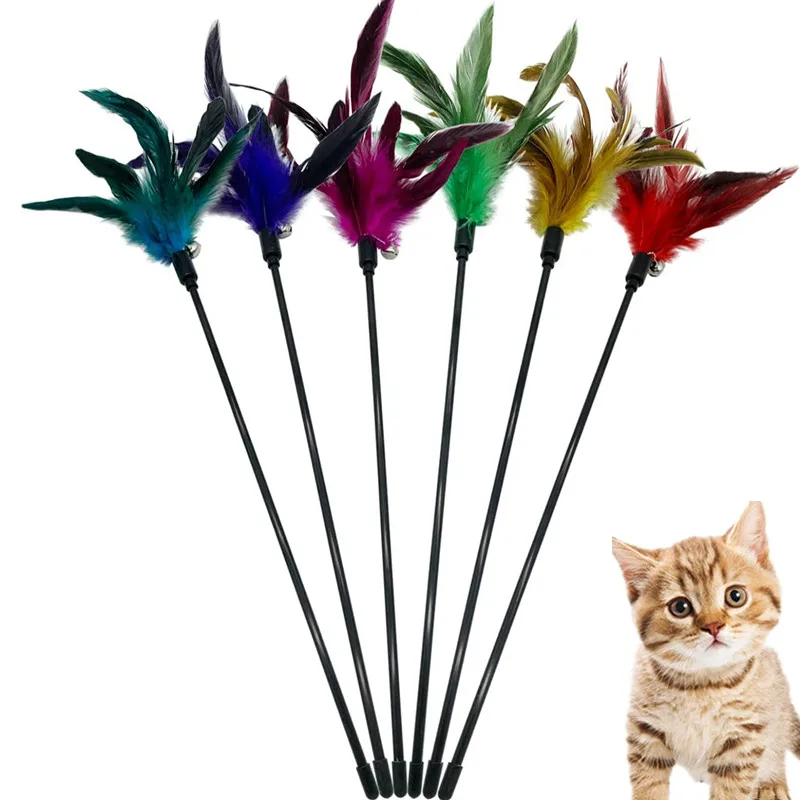 

Cute Cat Teasing Stick Toys With Bell Plastic Pole Feather Design Interaction Kitten Toy Cats Stick Pet Accessory Random Color