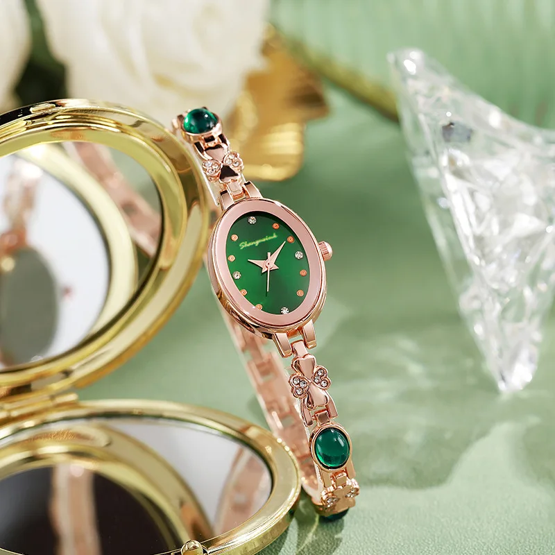 Women's Watches Luxury Green Diamond Inlaid Watch Oval Ladies Fashion Quartz Bracelet Wristwatch Montre Femme Dropshipping