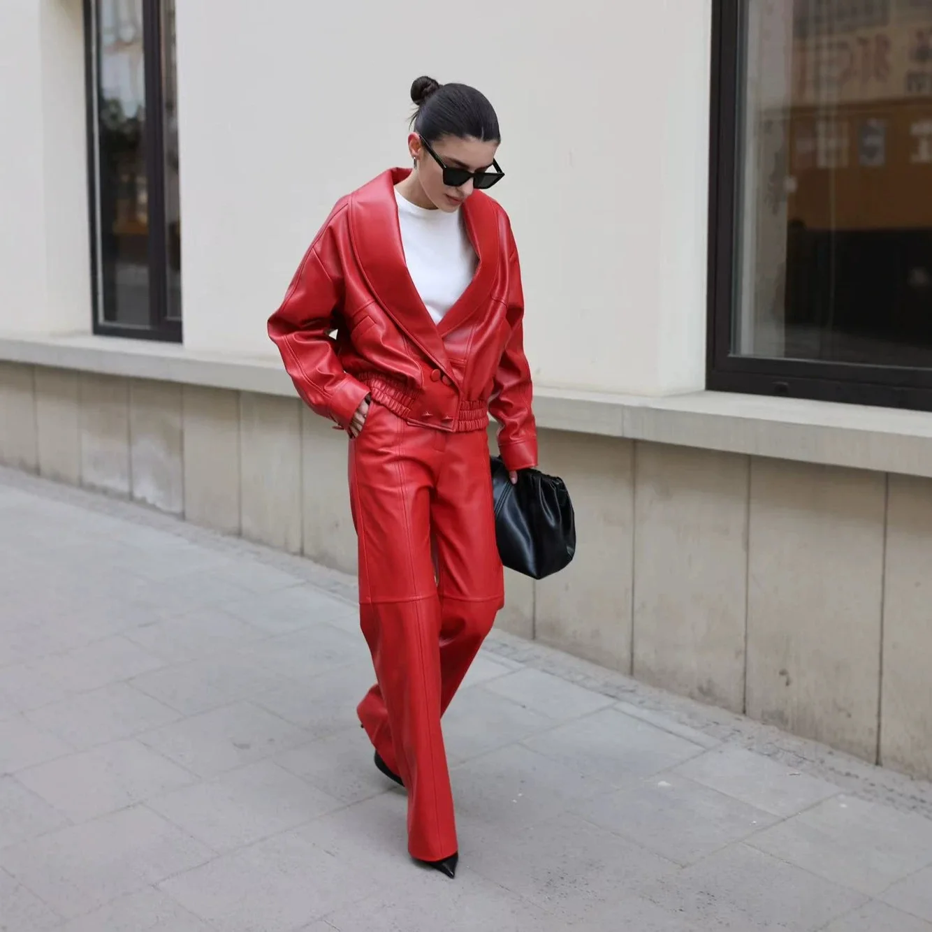 Casual Loose Leather Jacket Women's Cross-Border Fashion Short Coat Stand Collar Thickened Polyester Blend Regular Length