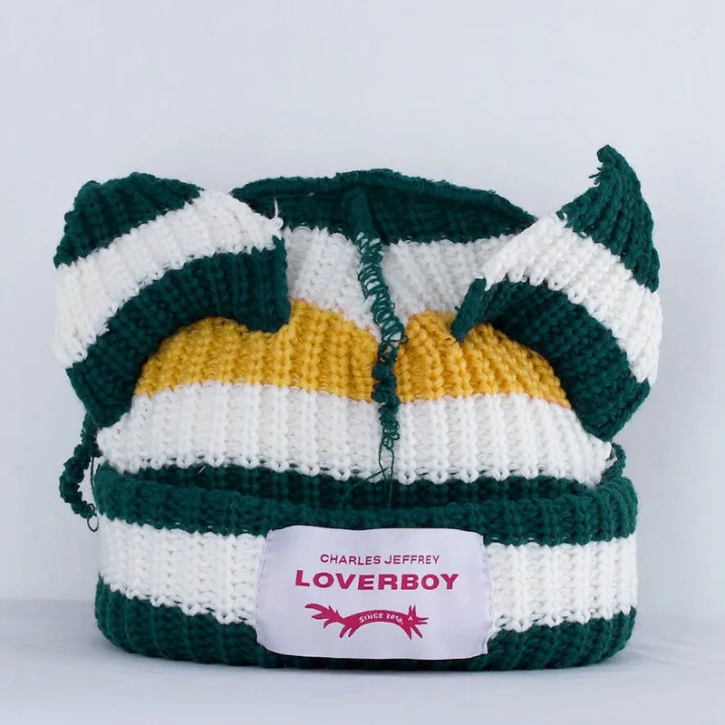 Para Dzianinowa Czapka Świnia Kot Ucho Czapka Zimowa Ciężka Ciepła Modna Czapka Stripe Loverboy Cute Cartoon Fox Beanies Skullies dla Mężczyzn Kobiet