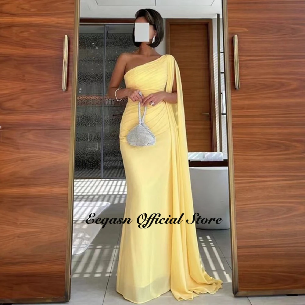 Customized Yellow Long Prom Dress One Shoulder Sheath Saudi Arabic Evening Dresses Formal Occasion Party Gowns for Women