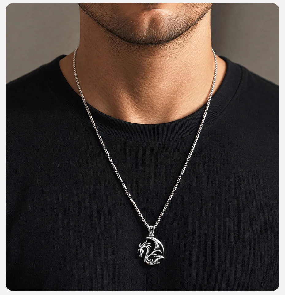 Vnox Herren-Halskette mit Drachenanhänger aus Edelstahl, Gothic-Drachenanhänger mit Kastenkette, Punk-Hip-Hop-Statement-Schmuckgeschenk – Detail 3